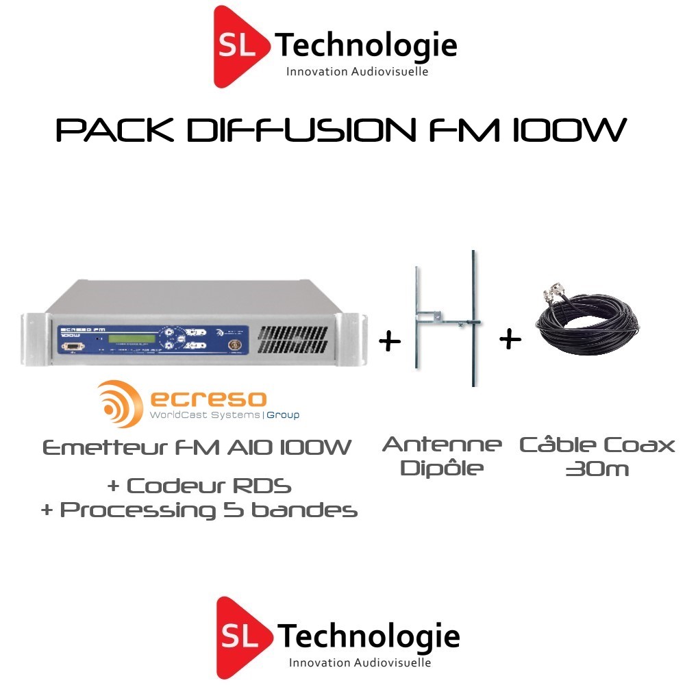 Pack Diffusion FM Émetteur 100w + RDS + Processing + Dipôle + Câble