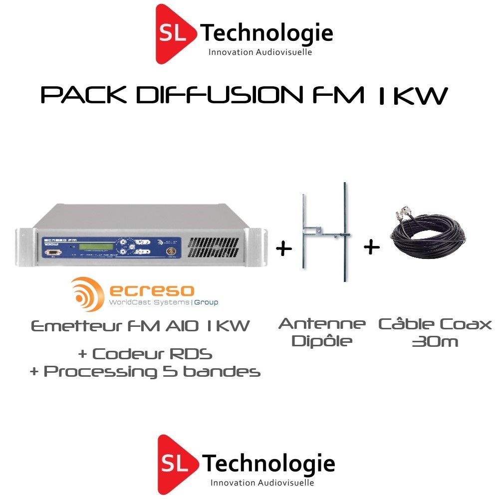 Pack Diffusion FM Émetteur 1KW + RDS + Processing + Dipôle + Câble
